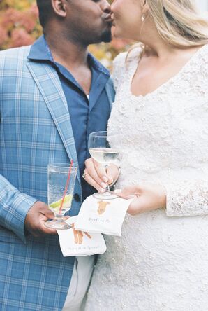 Bride and Groom With Custom Cocktail Napkins Featuring Illustration of Couple's Dog