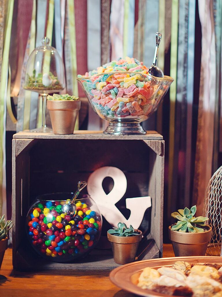 candy bar with ribbon backdrop