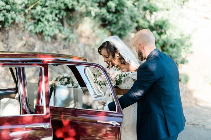 Bride and Groom Getting into Red Getaway Car in Italy