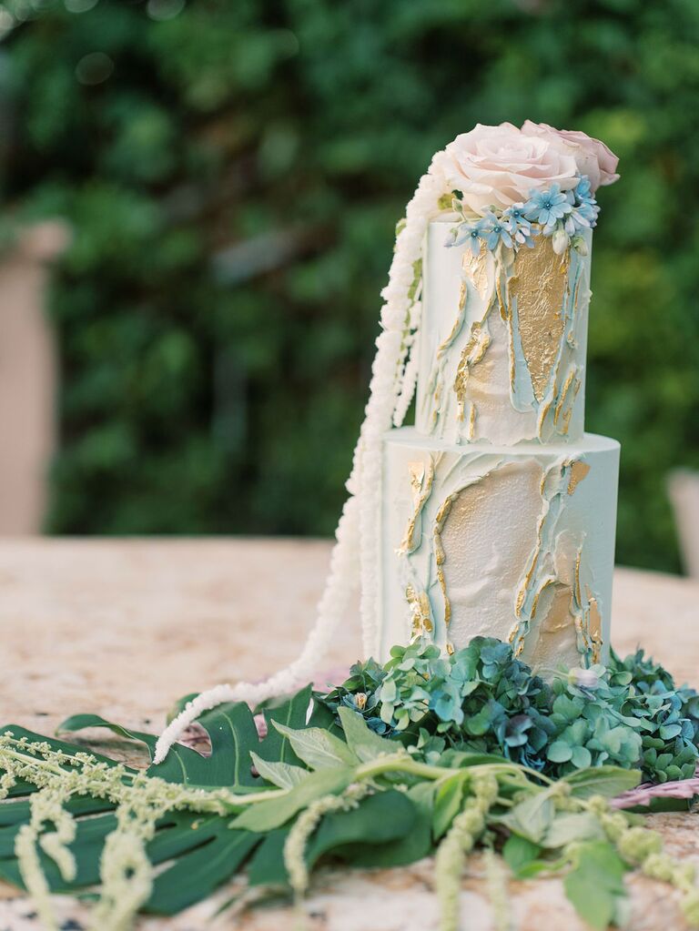 Light blue and gold wedding cake