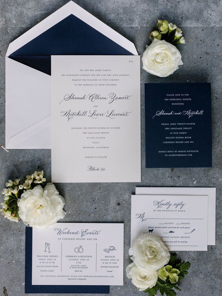 classic navy blue and white wedding invitation suite with calligraphy script