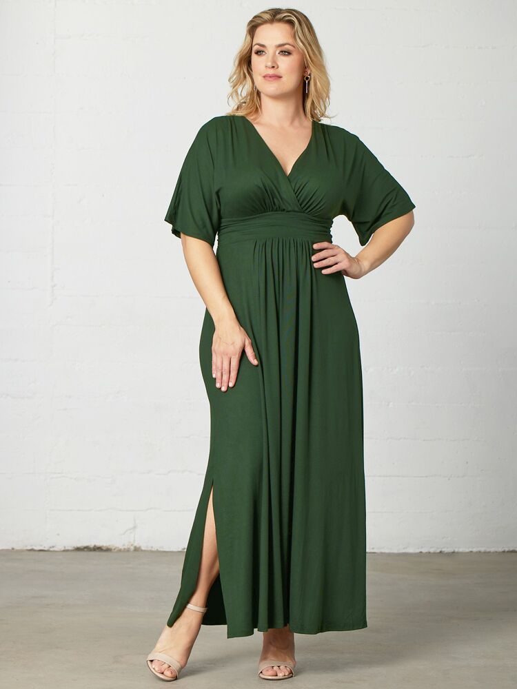 Plus size kimono-sleeve maxi dress in the color matcha green tea from Kiyonna