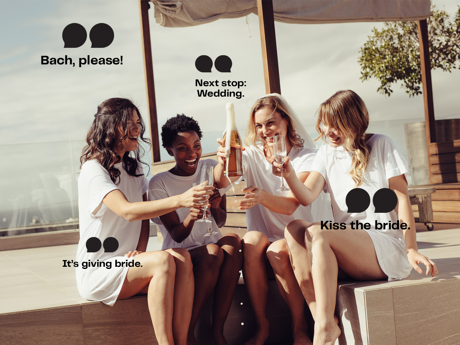 Bachelorette group toasting, surrounded by Instagram captions