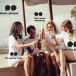 Bachelorette group toasting, surrounded by Instagram captions
