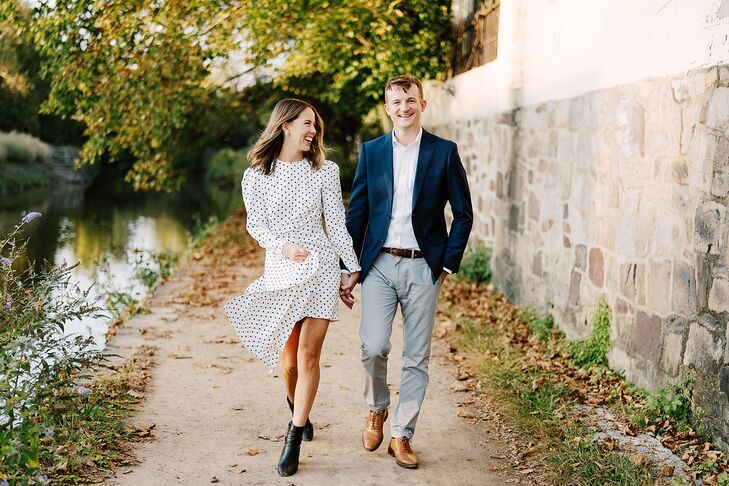Bride in Short White Dress, Polka Dots and Groom in Smart-Casual Suit, Engagement Photos