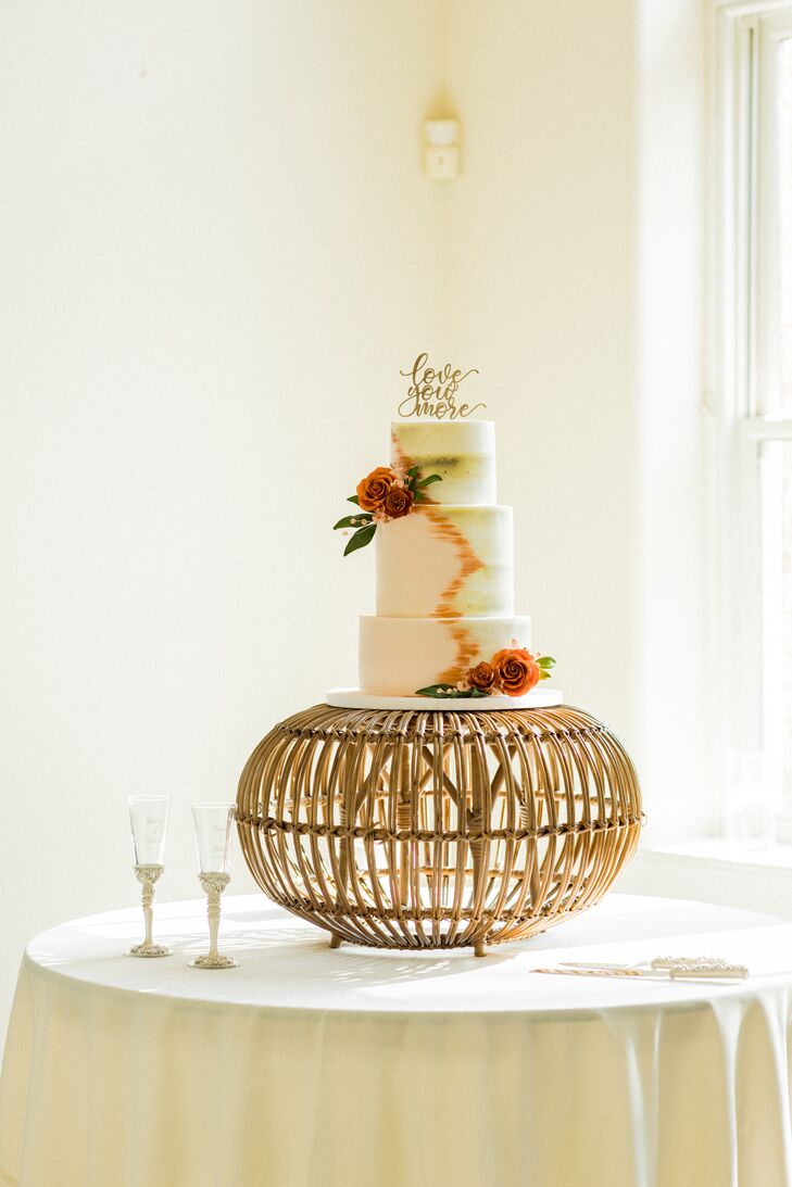 Bohemian Three-Tier White Wedding Cake With Orange and Green, Topper