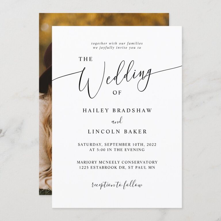 Classic affordable wedding invitation with photo on the back