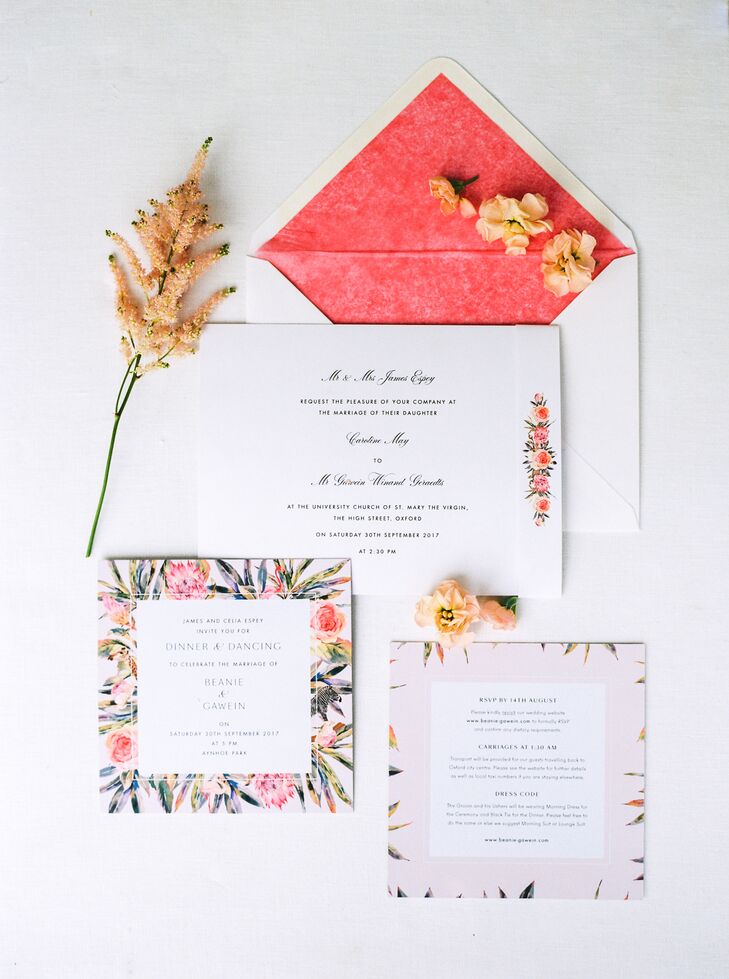 Bespoke Floral Invitations with Vibrant Pink Envelope Liner