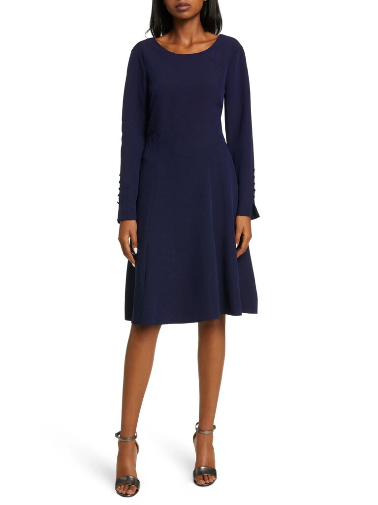 Tahari ASL long-sleeve navy dress for winter wedding attire for guests