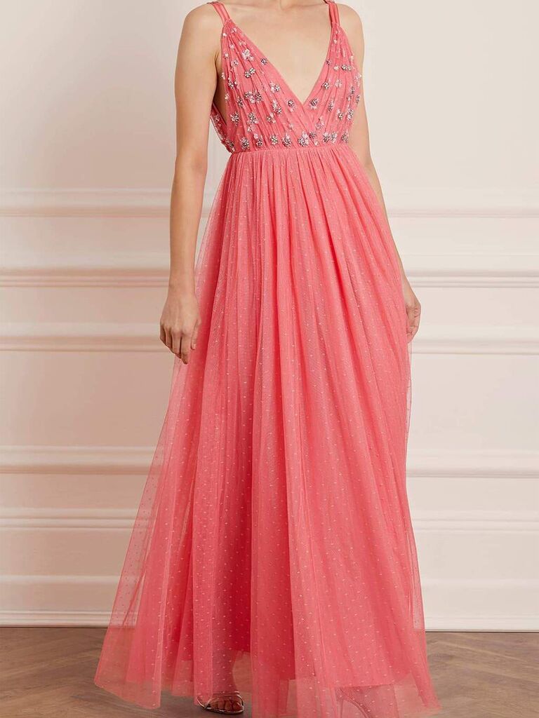 Watermelon pink floor-length gown with floral beaded bodice and tulle skirt