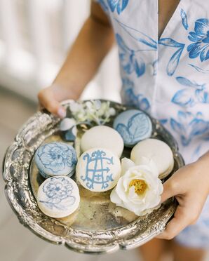 White-and-Blue Macaron Desserts With Couple's Logo