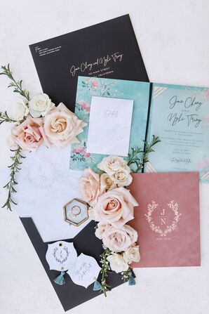 Custom Pink-and-Teal Wedding Invitation With Monogram