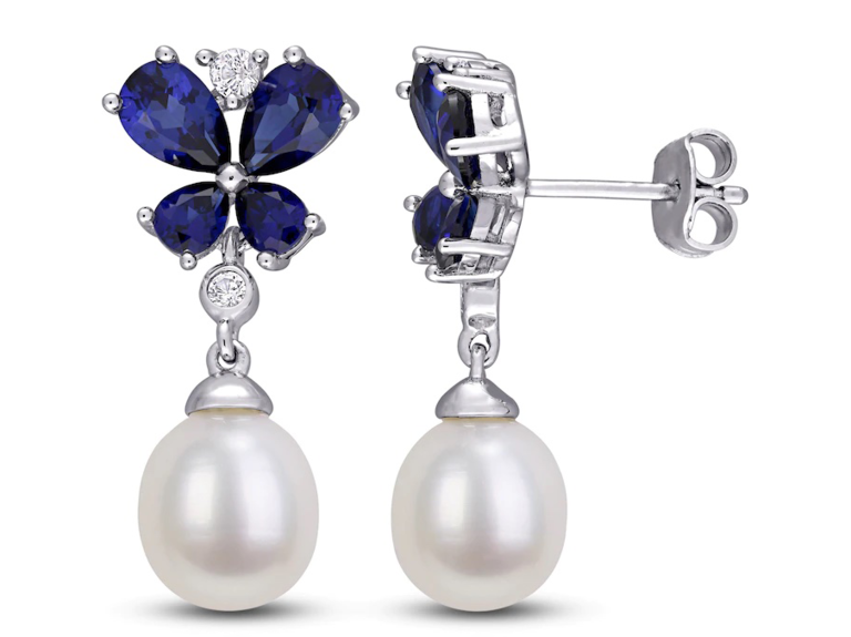 Pear cut sapphire earrings with drop pearl