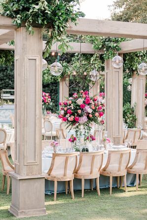 Long Tables Under Pergola, Jewel Tone Centerpieces and Glass Light Bulbs, Reception on Lawn of Estate