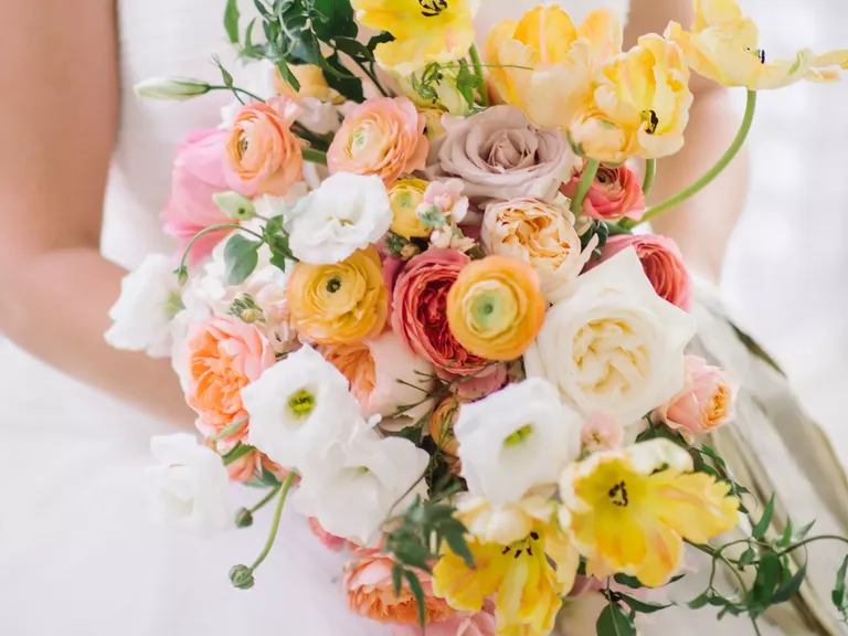 Vibrant Yellow and Coral Bouquet With Ranunculus and Tulips