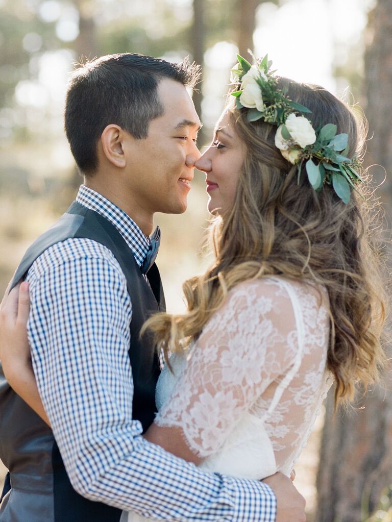 wedding hair flowers pulled back with floral crown