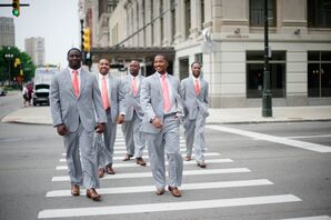 Heather Gray Groomsmen Suits, Coral Ties