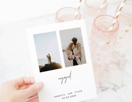 2 personalized photos and 'engaged' in minimalist calligraphy with names and date