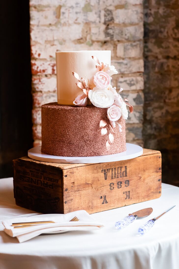 Two-Tier Brown-and-Blush Wedding Dress Sitting on Rustic Wood Crate