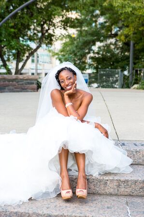 Dark Blue Heels Coral Dresses And Baby's Breath Bouquets