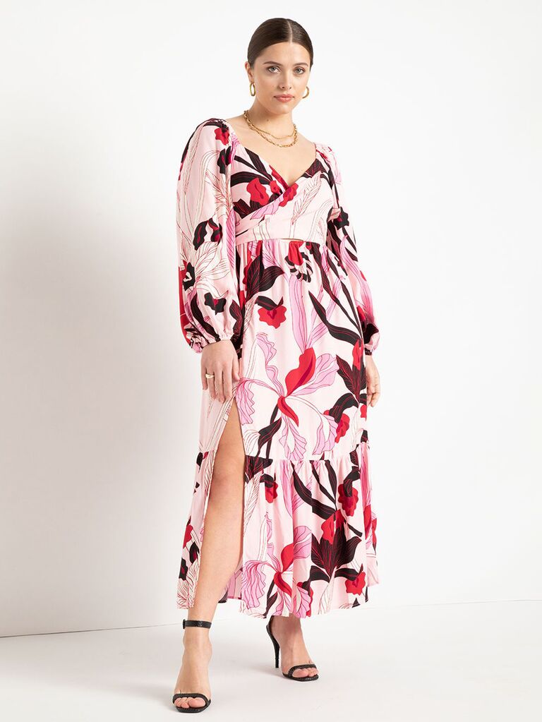 ELOQUII retro pink floral wedding guest dress with long sleeves and side slit