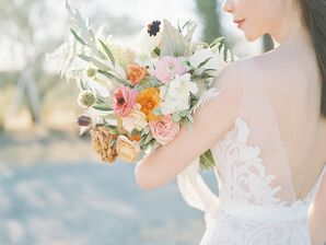 Boho Bride Carries Earthy-Tone Flower Bouquet of Roses, Anemones and Peonnies
