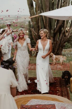 Bride in Beaded Gown, Bride in Sleek Dress Recessional on Rugs, Flower Petals Thrown