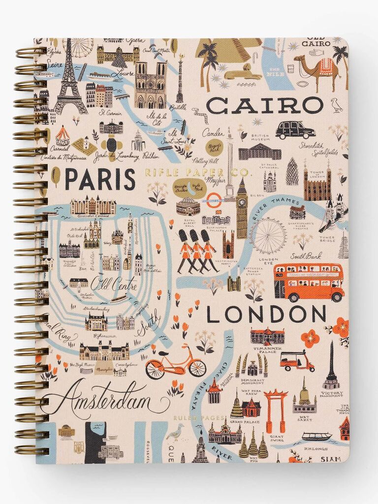 Cute travel-themed spiral notebook bridesmaid gift idea