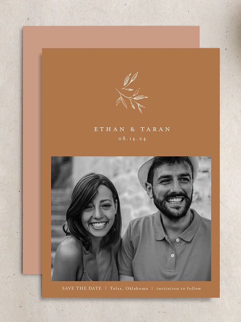 the knot burnt orange minimal leaves simple save the date card