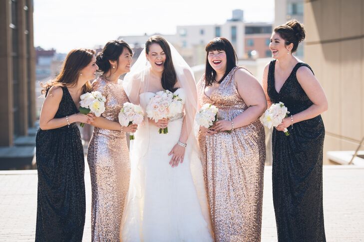 Each bridesmaid brought out the couple’s “Old Hollywood” inspiration with a Badgley Mischka, floor-length sequin dress from Rent The Runway. “I did not want these beautiful ladies to be too uniform, so I gave them a choice of black sequin or rose gold sequin,” says Pamela. They jazzed up the looks with different hairstyles, delicate drop earrings and matching bracelets.