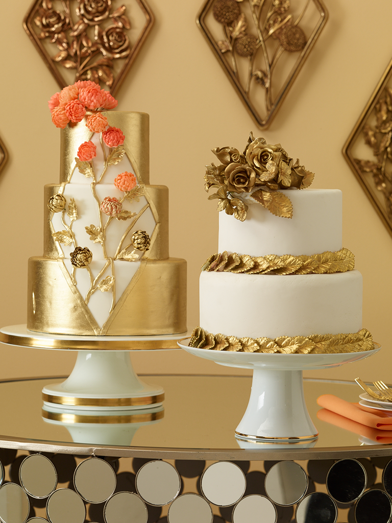 Glamorous metallic wedding cakes with sugar flowers