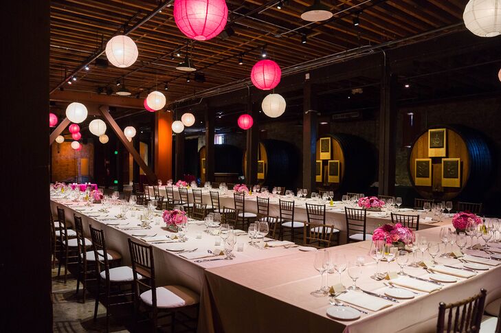 White and pink paper lanterns hung above the long tables at the reception.