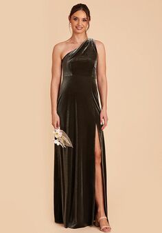 Birdy Grey Kira Velvet Dress in Olive One Shoulder Bridesmaid Dress