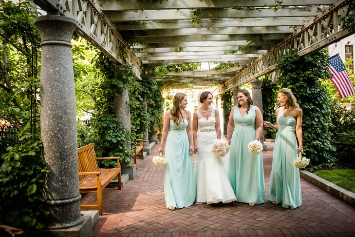 The bridesmaid dresses were an easy decision for Rebecca, who allowed each of the women—her three sisters—to choose a style they loved from Bill Levkoff’s bridesmaid line. She asked only that they select gowns in similar fabrics and a shade of mint green to match the wedding’s palette.