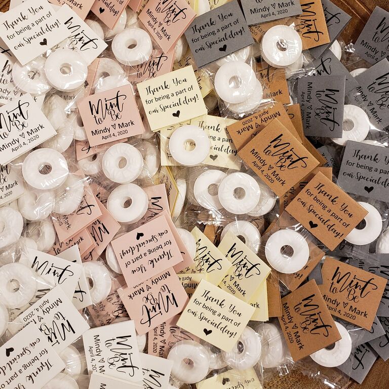 Mints personalized with couple's names and the pun "Mint to Be"
