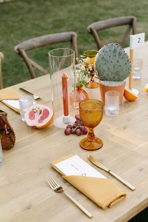 Minimalistic Desert Decor at Reception Table Place Setting, Fruits, Bright Candles, Cacti