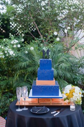 Blue Square Wedding Cake on Copper Stand