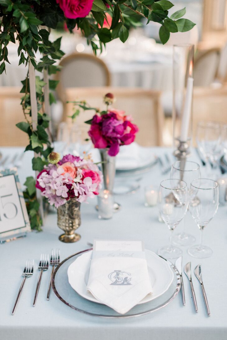 Elegant Reception Place Setting, Custom Monogram on Linen Napkins, Silver-Rimmed Chargers, Jewel-Tone Flowers