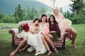 Bridesmaids in Burgundy and Blush on a Vintage Couch