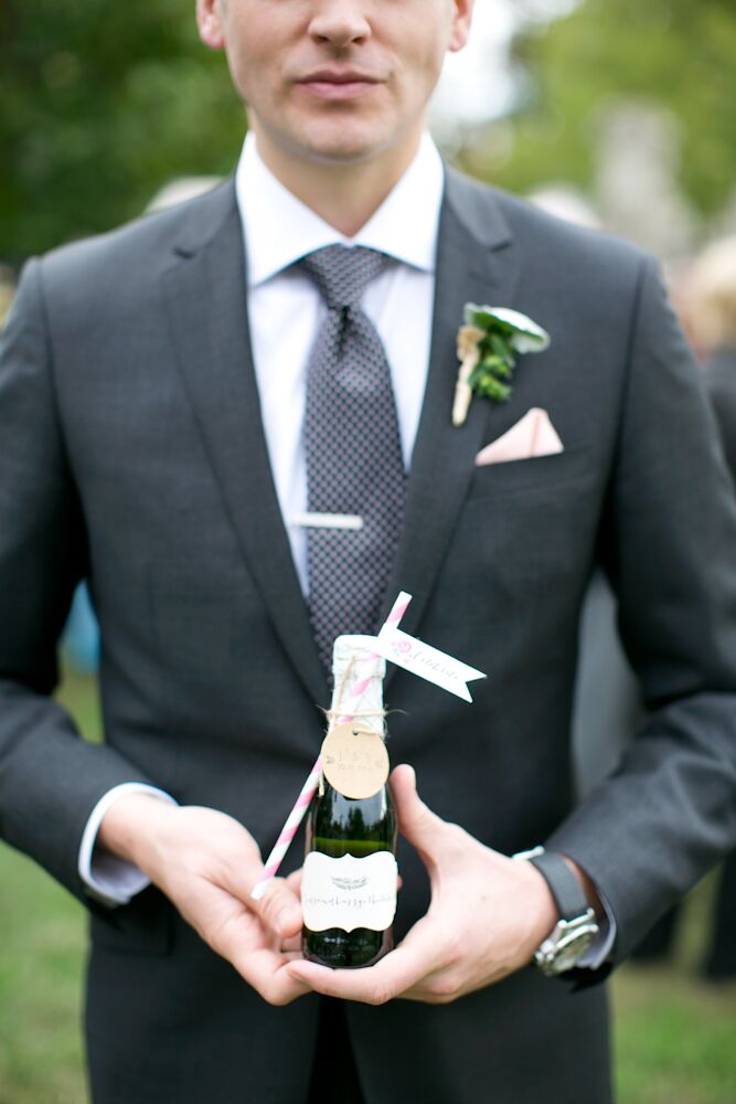 Miniature Champagne Bottle, Paper Straw Escort Cards