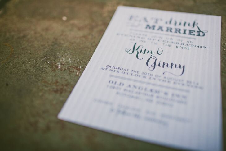 The couple's whimsical invitations played upon their colorful palette with blue and white stripes and a bolder, navy font.
