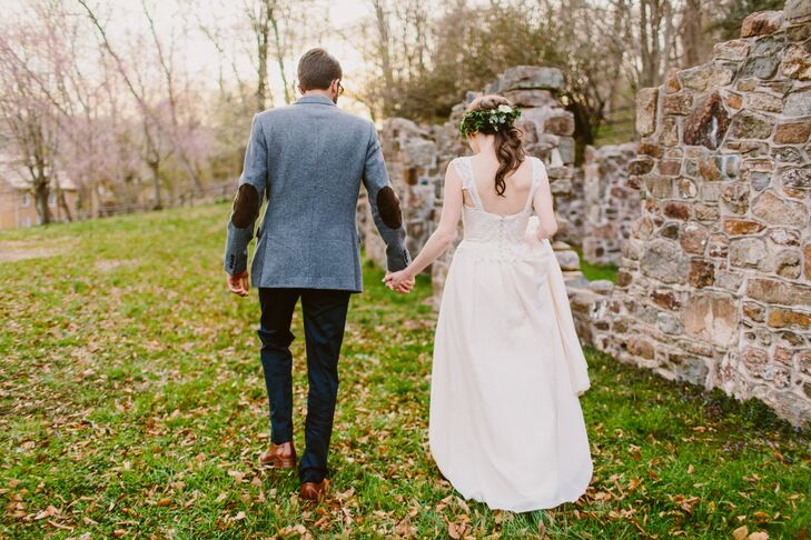 Bride and Groom Walking In Woods