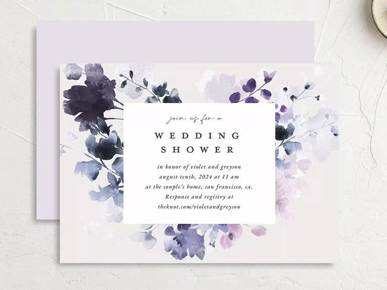 Wedding shower invitation with purple blooms showing shower registry information