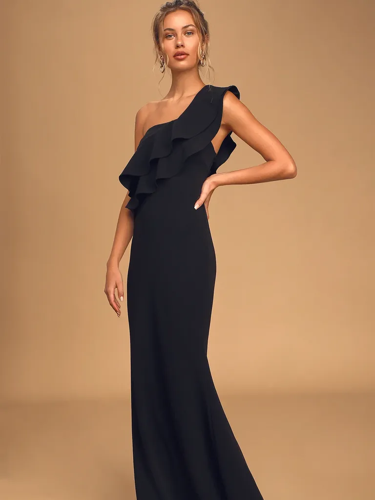 Black Ruffled One-Shoulder Mermaid Maxi Wedding Guest Dress