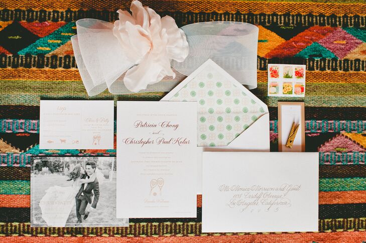 Urbanic Paper Boutique worked with Patricia and Christopher to design a formal invitation suite with a playful twist. The couple's tennis racket motif featured on both the invitation itself and the response card, a nod to the day they met.