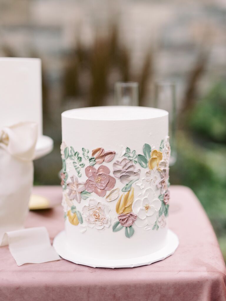 one tier wedding cake with hand painted flowers