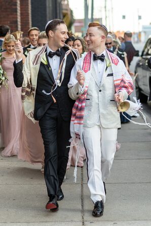 Grooms in Black and White Tuxedos Lead Mixed Gender Wedding Party Down the Street With Bells, Jewish Wedding