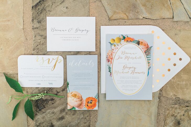 The wedding's romantic garden theme was expressed through colorful floral illustrations on pale blue stationery and enhanced with shimmering gold accents.