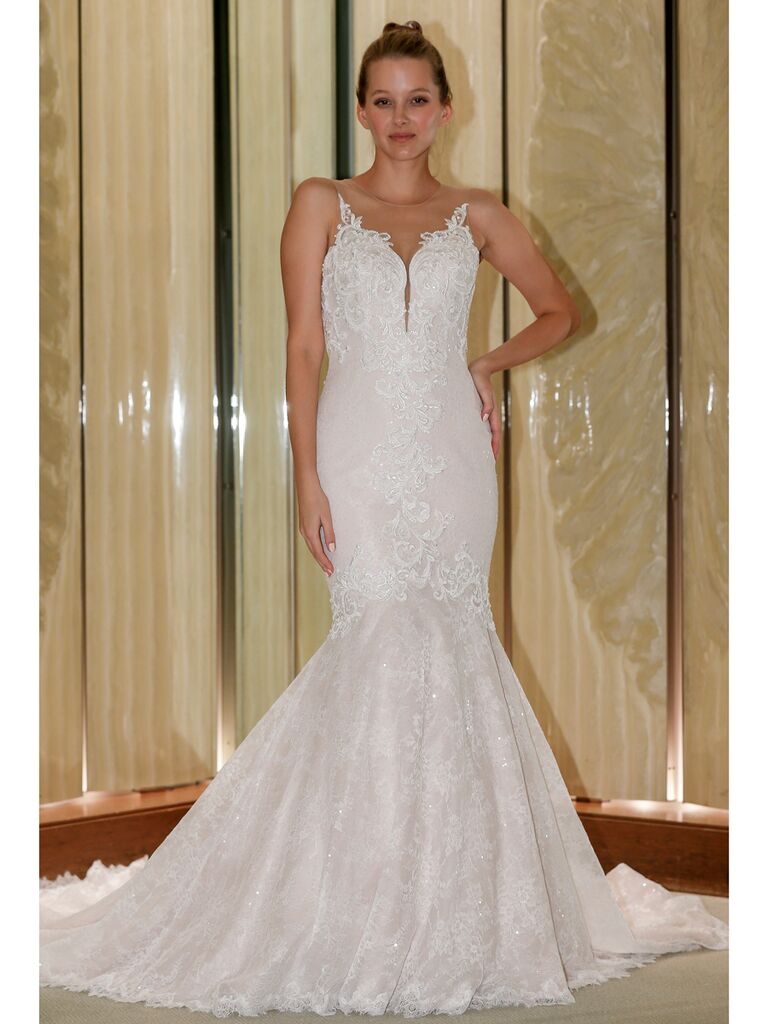 Randy Fenoli Fall 2019 Bridal Collection sparkly fit and flare wedding dress with illusion keyhole and embellished straps