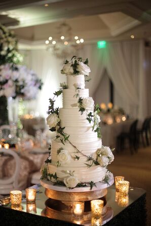 Tall Tiered Round Wedding Cake with White Roses and Vine